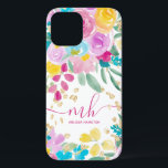 春ピンク黄色金ゴールドフローラ水カラーモノグラム iPhone 12 PROケース<br><div class="desc">モダン春ガーリーピンク黄色のルーズフローラ水色モノグラムと夏の花かわいらし、ピンク色の黄色、青いフローラ水色と金ゴールドグリッターは紙吹雪をスパークル</div>
