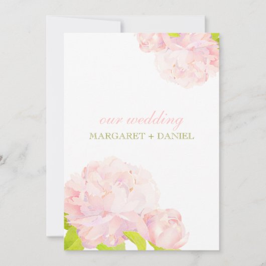 春ピンク+緑の牡丹結婚の 招待状 (正面)