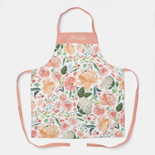 春ピーチウォーターカラーフローラパーソナライズされた名 エプロン (正面)