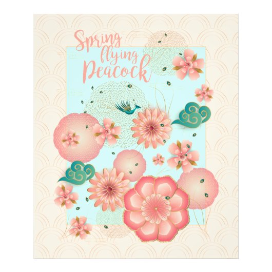 春ピーチガーデン飛んでいるピーコックフローラオーナメント フォトプリント (正面)