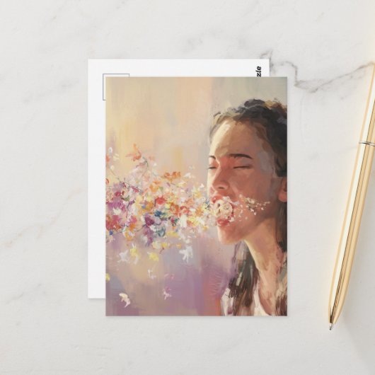 春フィーバーウーマンシュレアルくしゃみ ポストカード (正面/裏面インサイチュ)