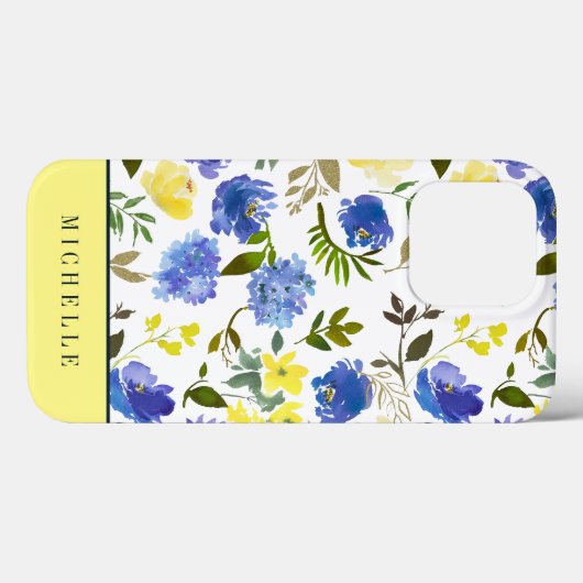 春フェミニンイエローとブルーの花モノグラム Case-Mate iPhoneケース (裏面 (横))