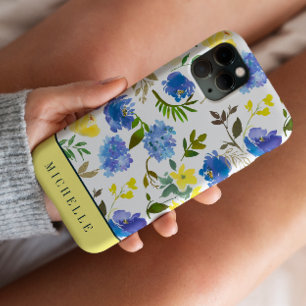 春フェミニンイエローとブルーの花モノグラム iPhone 13 PROケース