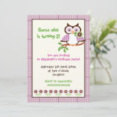 春フクロウ子供の誕生日パーティー紫縁ど 招待状 (スタンド正面)