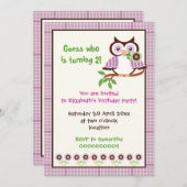 春フクロウ子供の誕生日パーティー紫縁ど 招待状 (正面/裏面)