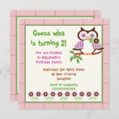 春フクロウ子供の誕生日パーティー縁どピンク 招待状 (正面/裏面)