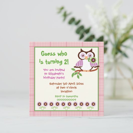 春フクロウ子供の誕生日パーティー縁どピンク 招待状 (スタンド正面)