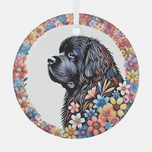 春フライトニューファンドランドドッグガラスラウンドオーナメント ガラスオーナメント (正面)