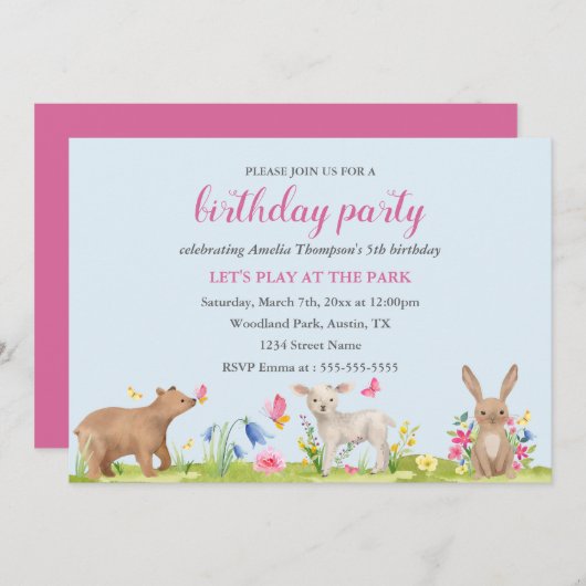 春フラワースウィートアニマル子供の誕生日招待状 招待状 (正面/裏面)
