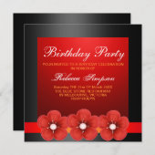 春フラワーデザインブラック/レッド誕生日招待状 招待状 (正面/裏面)