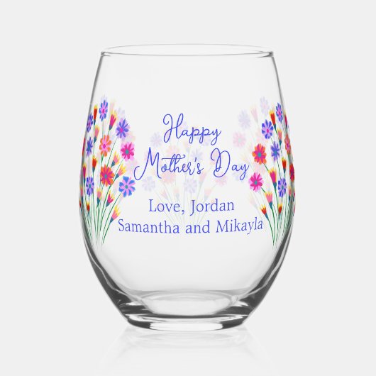 春フラワーブーケ絵を描ハンドマザーズデイ ステムなしワイングラス (正面)
