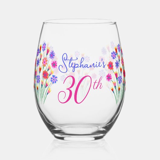 春フラワーブーケ絵を描ハンド30歳の誕生日 ステムなしワイングラス (正面)