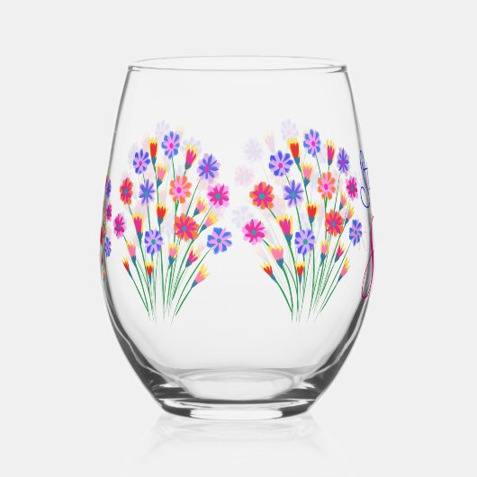 春フラワーブーケ絵を描ハンド80誕生日 ステムなしワイングラス (右)