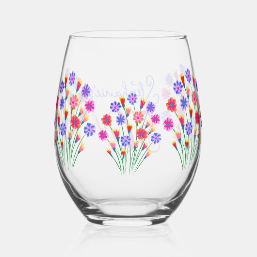 春フラワーブーケ色彩の鮮やかハンド50誕生日 ステムなしワイングラス (裏面)