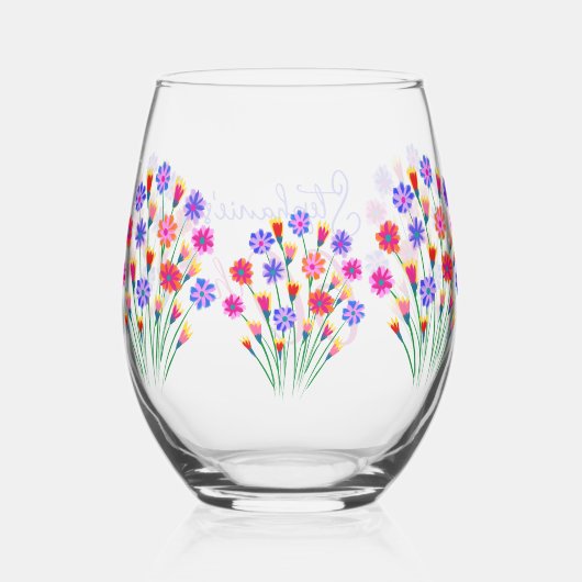 春フラワーブーケ色彩の鮮やかハンド60誕生日 ステムなしワイングラス (裏面)