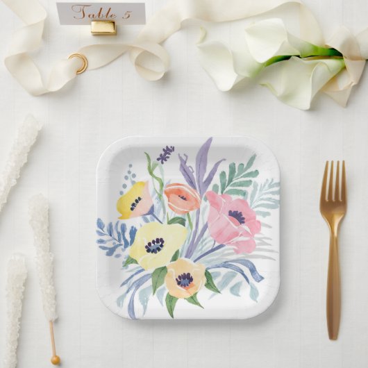 春フラワーブーケ | かわいらしフローラ水色 ペーパープレート (ウェディング)