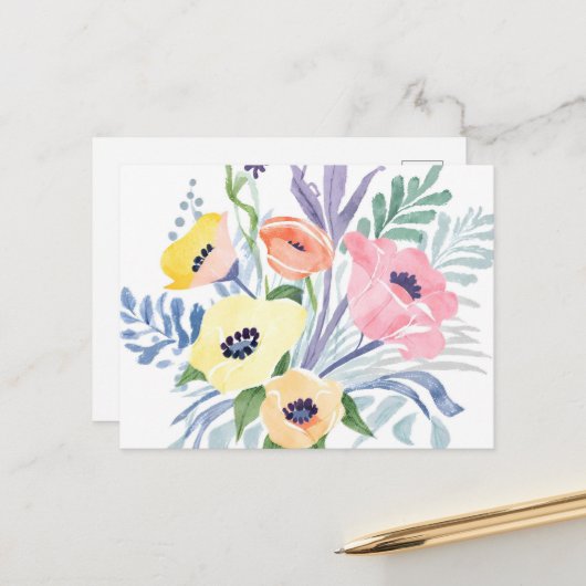 春フラワーブーケ | かわいらしフローラ水色 ポストカード (正面/裏面インサイチュ)