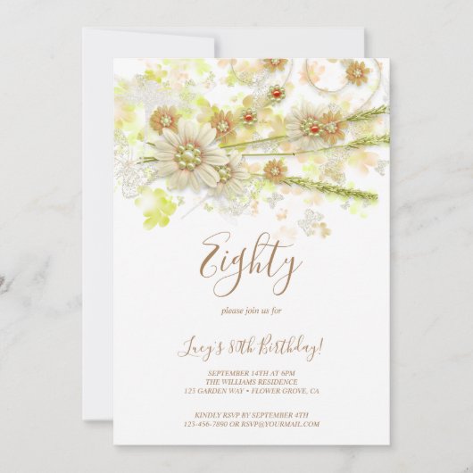 春フラワー&ビーズ装飾第80誕生日 招待状 (正面)