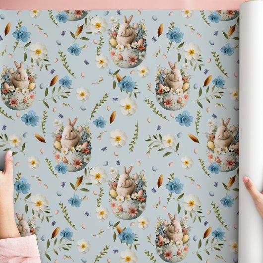 春フローライースターバニーお祝いブルー ラッピングペーパー