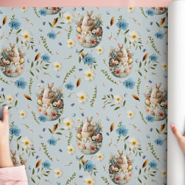 春フローライースターバニーお祝いブルー ラッピングペーパー