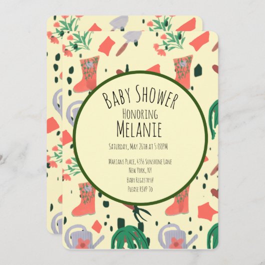 春フローラガーデンツールポットベビーシャワー 招待状 (正面/裏面)
