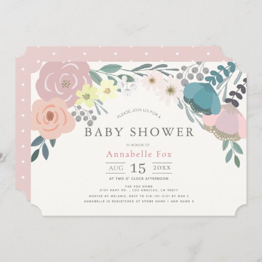 春フローラガールピンクベビーシャワー 招待状 (正面/裏面)