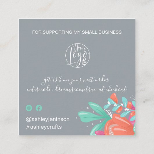 春フローラグレーのレトロなスクリプトの順序感謝していあなた スクエア名刺 (裏面)