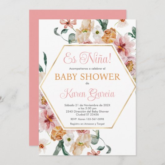 春フローラスペインのベビーシャワーガール 招待状 (正面/裏面)