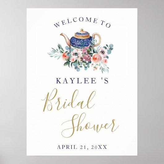 春フローラティーポットブライダルシャワーウェルカムサイン ポスター (正面)