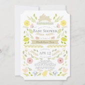 春フローラバニーの葉ピンクの女の子ベビーシャワー 招待状 (正面)