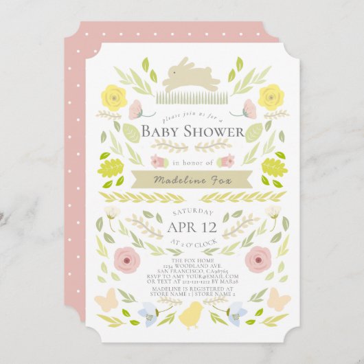 春フローラバニーの葉ピンクの女の子ベビーシャワー 招待状 (正面/裏面)