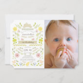春フローラバニーピンクガール写真1st誕生日 招待状 (正面)