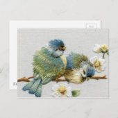 春フローラパステルミントグリーン刺繍バード ポストカード (正面/裏面)