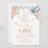 春フローラピンクバニーガールズ1歳の誕生日 招待状 (正面)