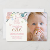 春フローラピンクバニーガール第1フォト誕生日 招待状 (正面)