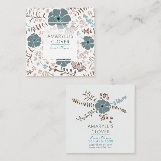 春フローラミックスティール（緑がかった色）ピンクグレー スクエア名刺 (正面/裏面)