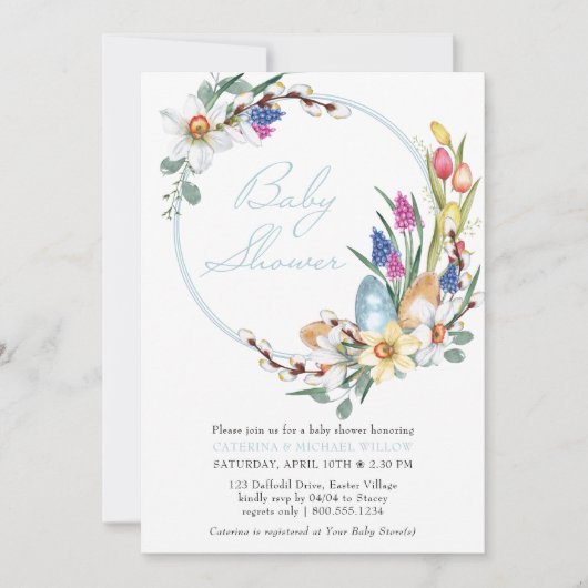 春フローラリースとイースターをテーマにしたベビーシャワー 招待状 (正面)