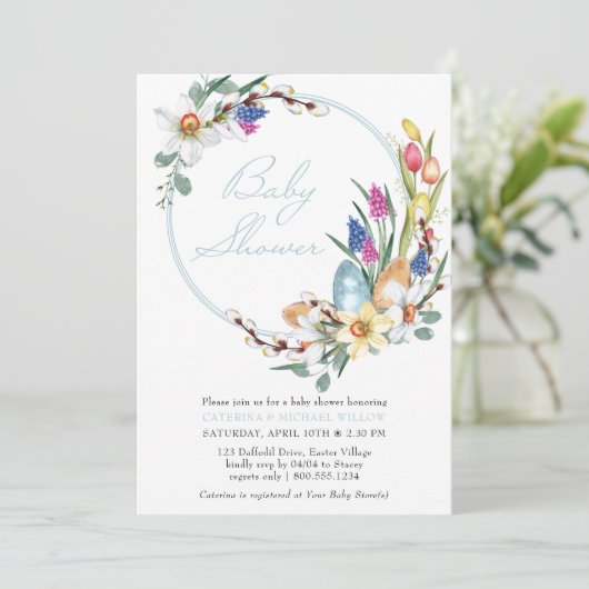 春フローラリースとイースターをテーマにしたベビーシャワー 招待状 (スタンド正面)