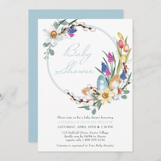 春フローラリースとイースターをテーマにしたベビーシャワー 招待状 (正面/裏面)