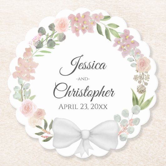 春フローラリースピンクマウヴ&コーラル結婚ズ ペーパーコースター (正面)