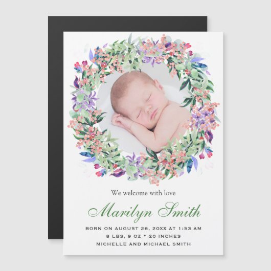 春フローラリース写真の誕生発表 マグネット招待状 (正面/裏面)