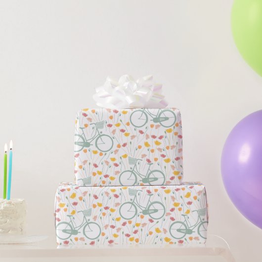 春フローラ及びヴィンテージ自転車パターン ラッピングペーパー (パーティーギフト)