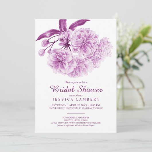 春フローラ咲き紫色のメイブブライダルシャワー 招待状 (スタンド正面)