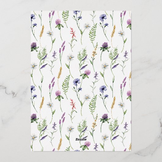 春フローラ小さなワイルドフラワーベビーシャワー金ゴールド 箔招待状 (裏面)