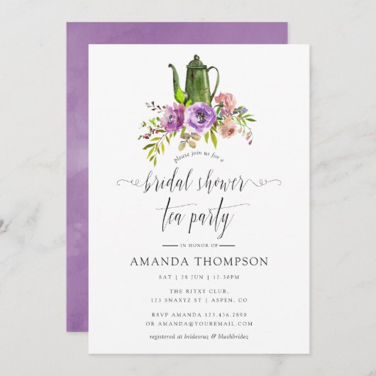 春フローラ水彩ブライダルシャワー茶パーティー 招待状 (正面/裏面)