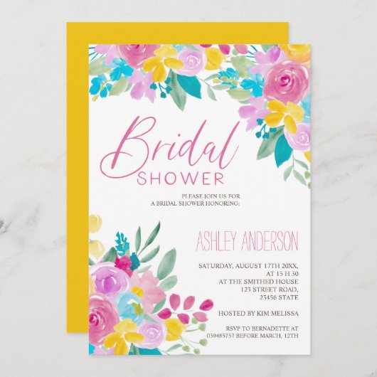 春フローラ水色鮮クールブライダルシャワー 招待状 (正面/裏面)