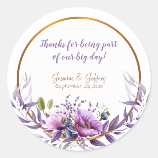 春フローラ花紫色の田舎の結婚式 ラウンドシール (正面)