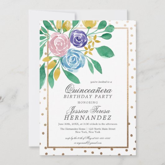 春フローラ金ゴールド紙吹雪ウォーターカラーキンセアニラ 招待状 (正面)