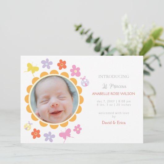 春フローラ開花女の子の写真の誕生のお知らせ 案内状 (スタンド正面)