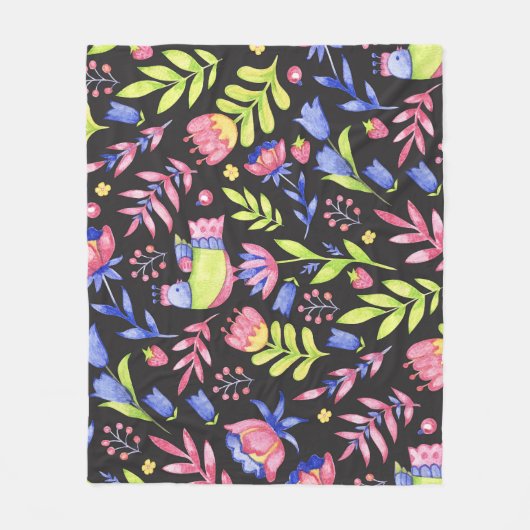 春フローラ：水彩シームレスパターン フリースブランケット (正面)